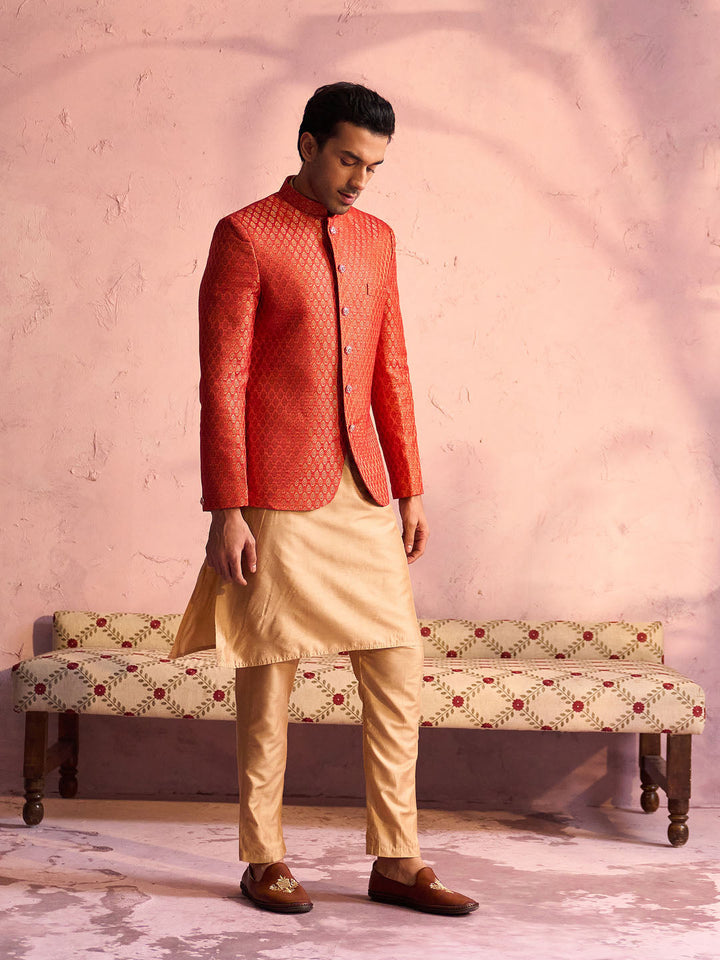 Vastramay Men's Red Banarasi Woven Jodhpuri With Plain Kurta Pant Set