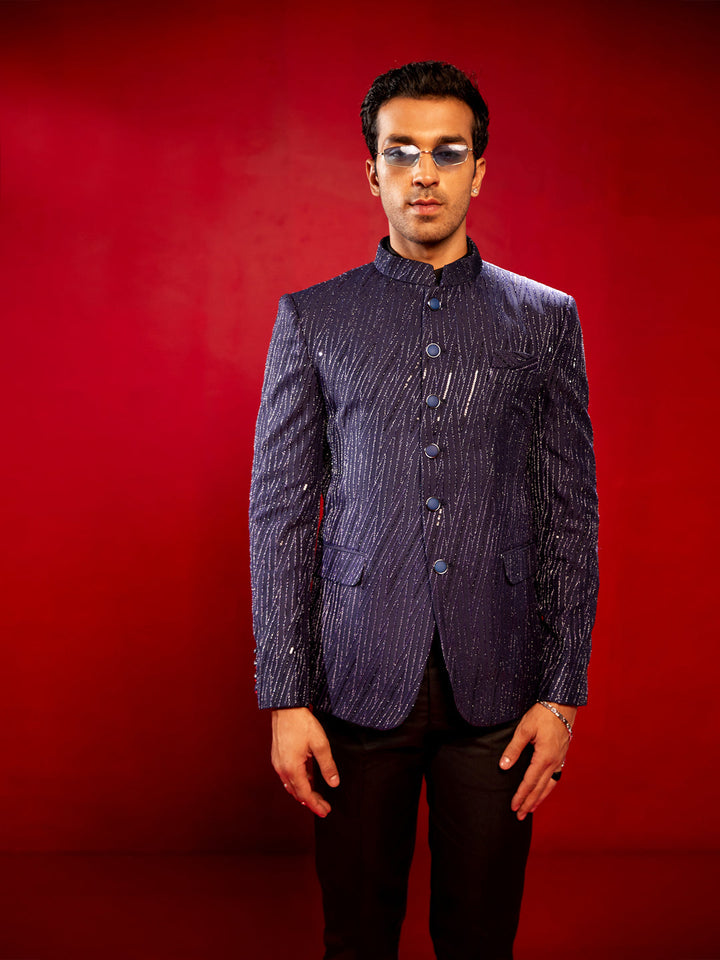 Vastramay Men's Navy Blue Sequined Jodhpuri with intricate sequin detailing and traditional Jodhpuri design