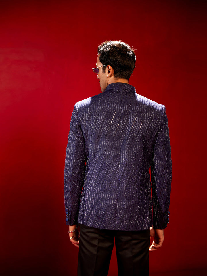 Vastramay Men's Navy Blue Sequined Jodhpuri with intricate embroidery and traditional Indian design