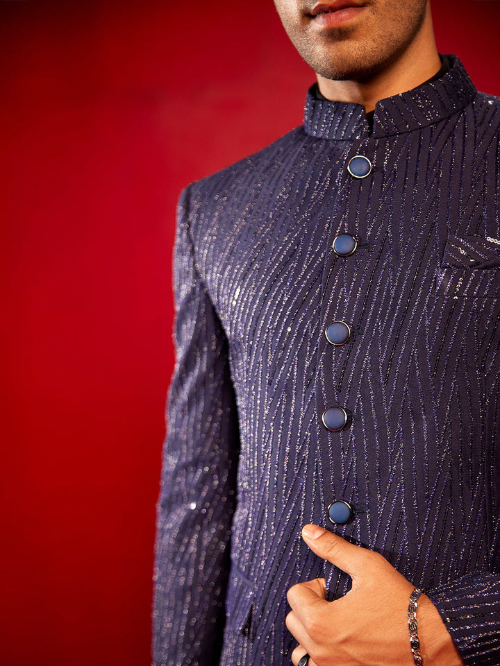 Vastramay Men's Navy Blue Sequined Jodhpuri with traditional Indian embroidery and stylish design