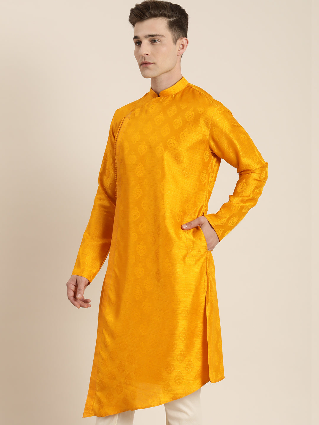 SHRESTHA BY VASTRAMAY Men Yellow Angrakha Kurta with traditional Indian design