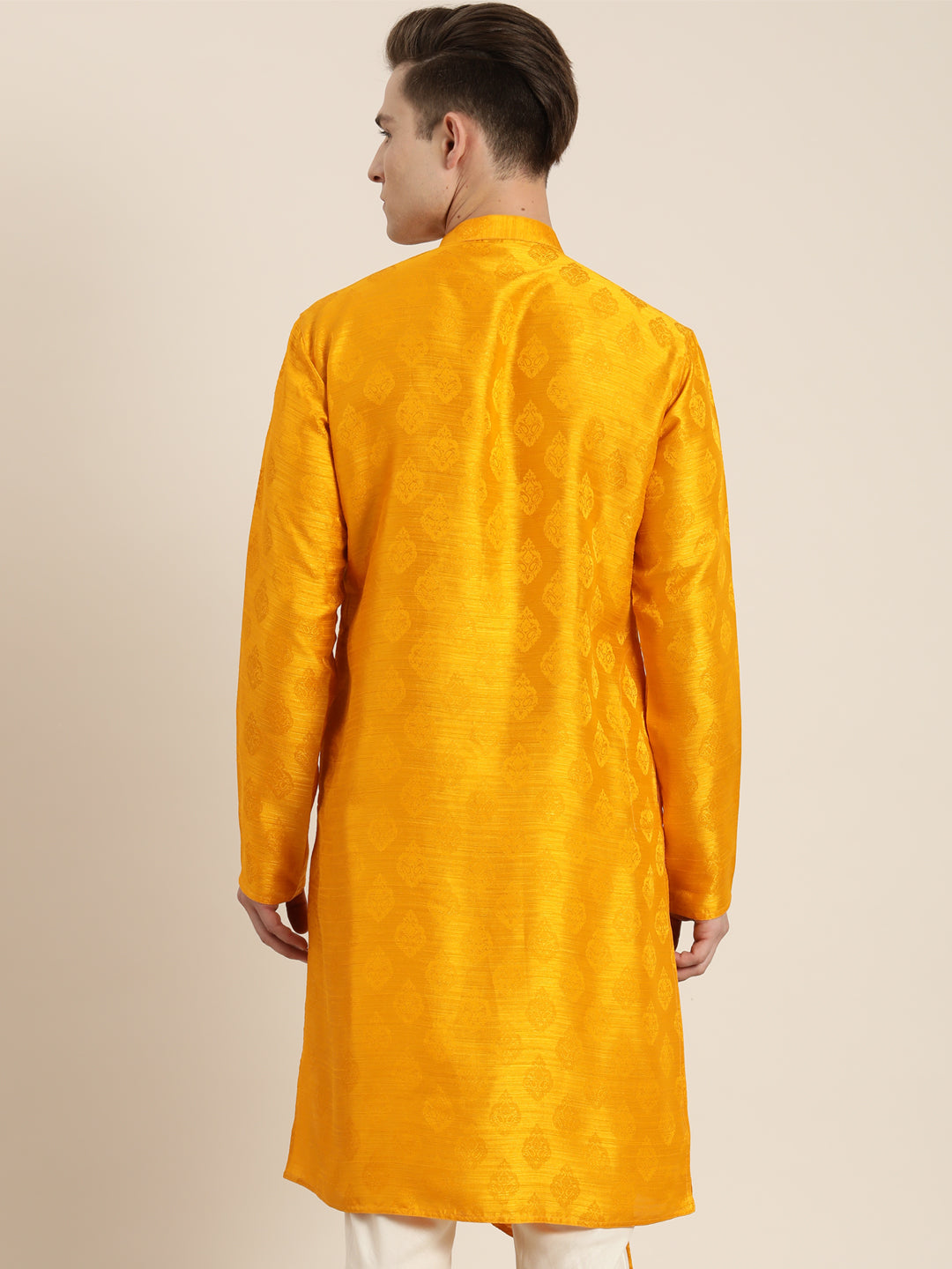 SHRESTHA BY VASTRAMAY Men Yellow Angrakha Kurta - Traditional Indian men's tunic with intricate detailing and vibrant color