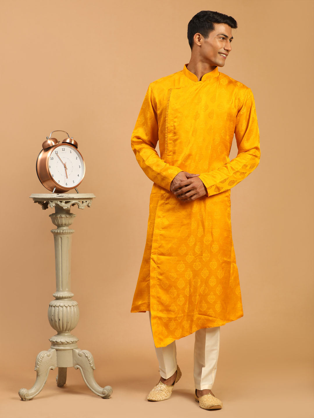 Vastramay Men Yellow Angrakha Kurta With Set