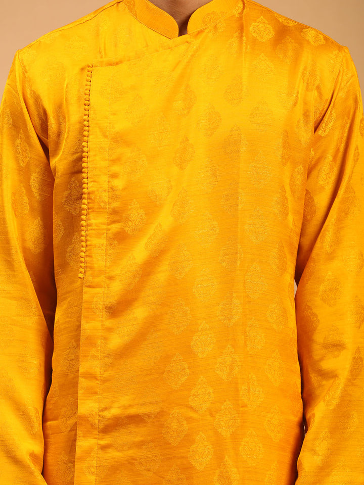 Vastramay Men Yellow Angrakha Kurta With Set