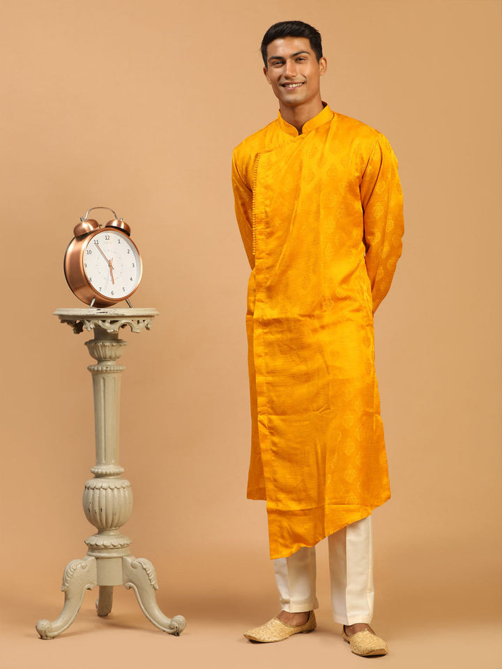 Vastramay Men Yellow Angrakha Kurta With Set