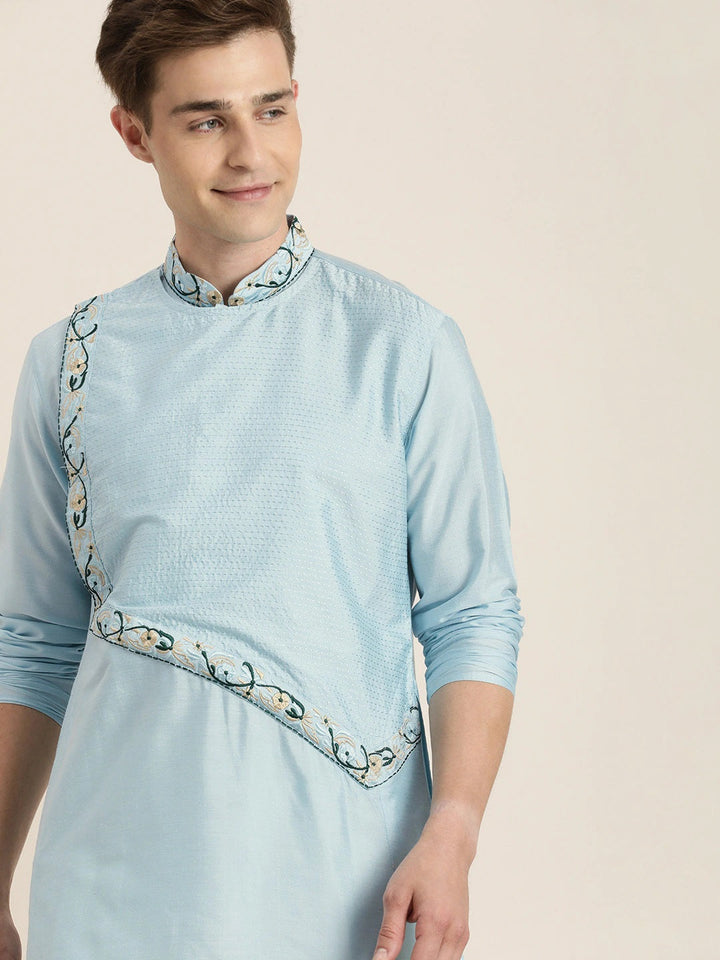 SHRESTHA BY VASTRAMAY Men's Aqua Blue Tread Work Kurta