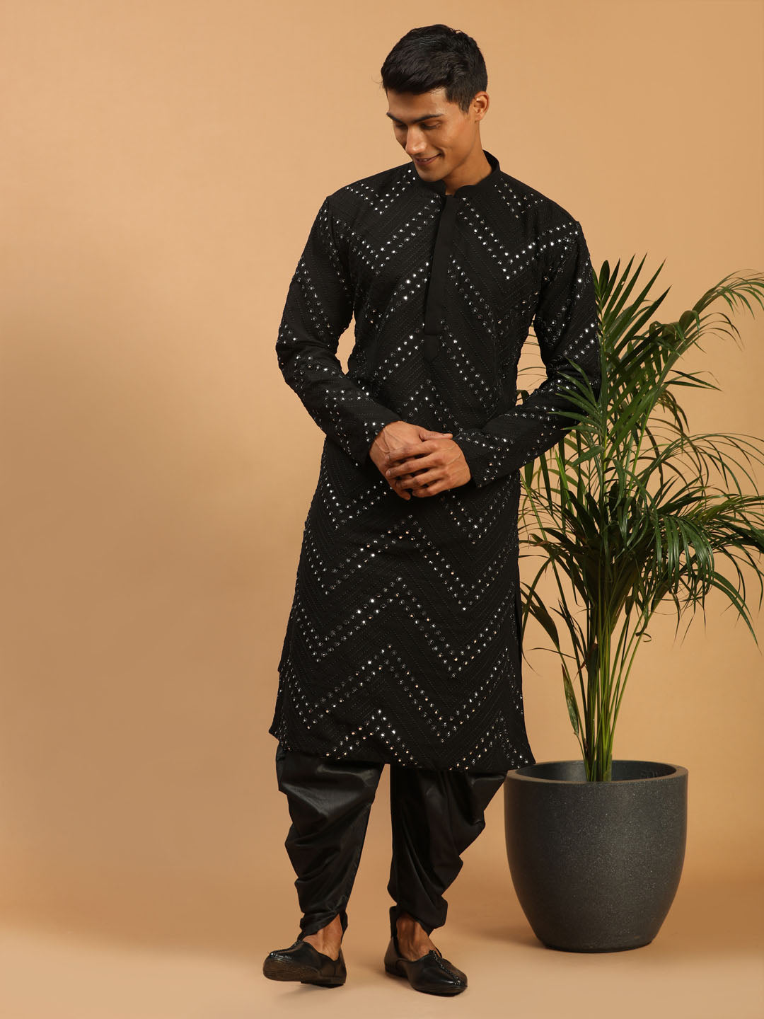 Vastramay Men's Black Mirror Kurta Dhoti Set