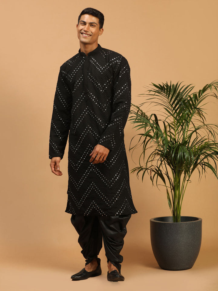 Vastramay Men's Black Mirror Kurta Dhoti Set