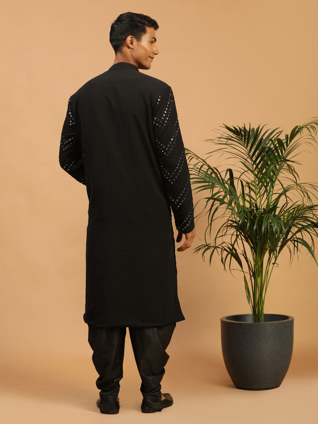 Vastramay Men's Black Mirror Kurta Dhoti Set