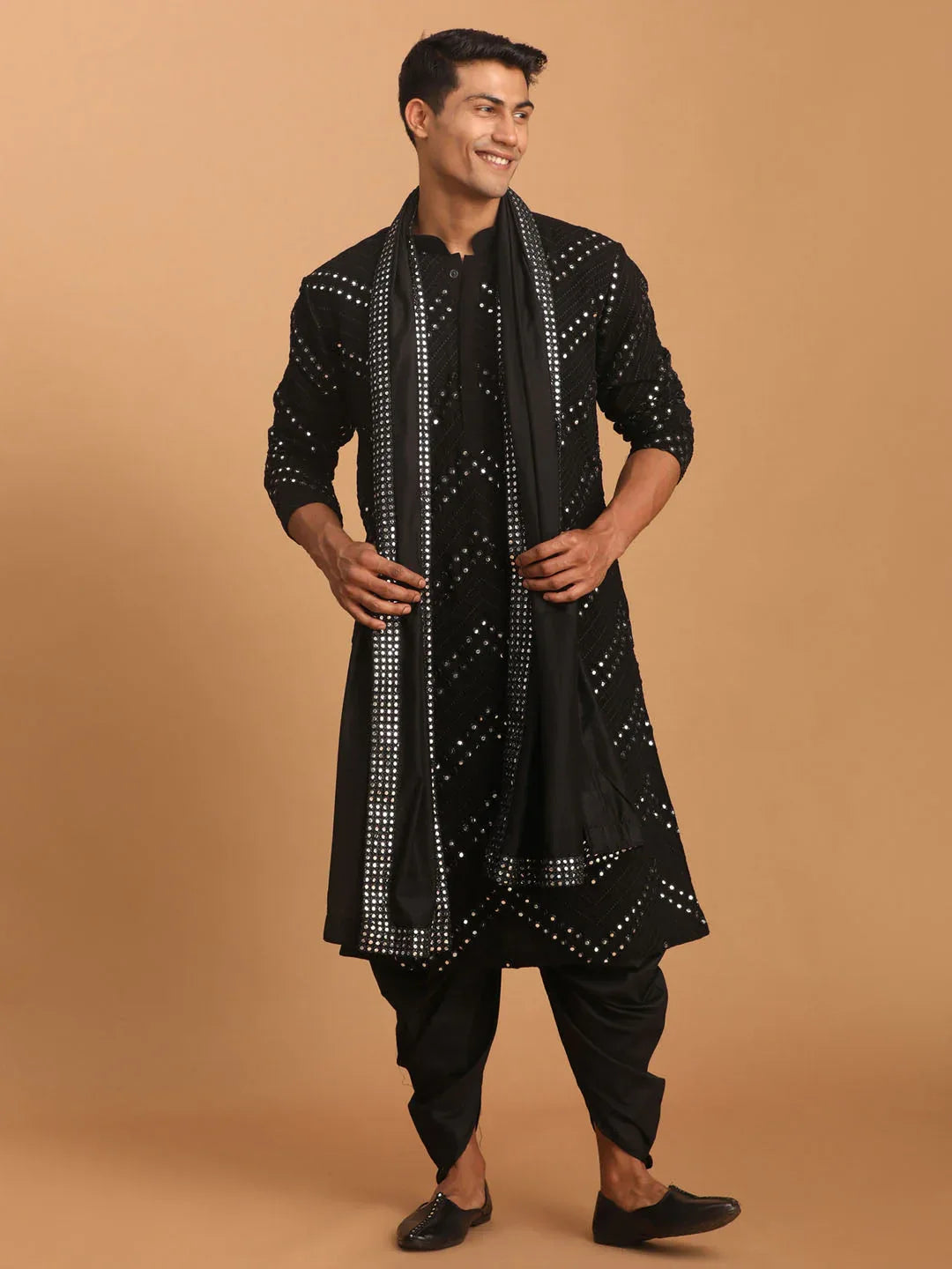 Men's Black Mirror Kurta Dhoti And Dupatta Set