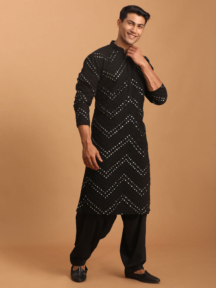 Vastramay Men's Black Mirror Kurta With Patiala Set