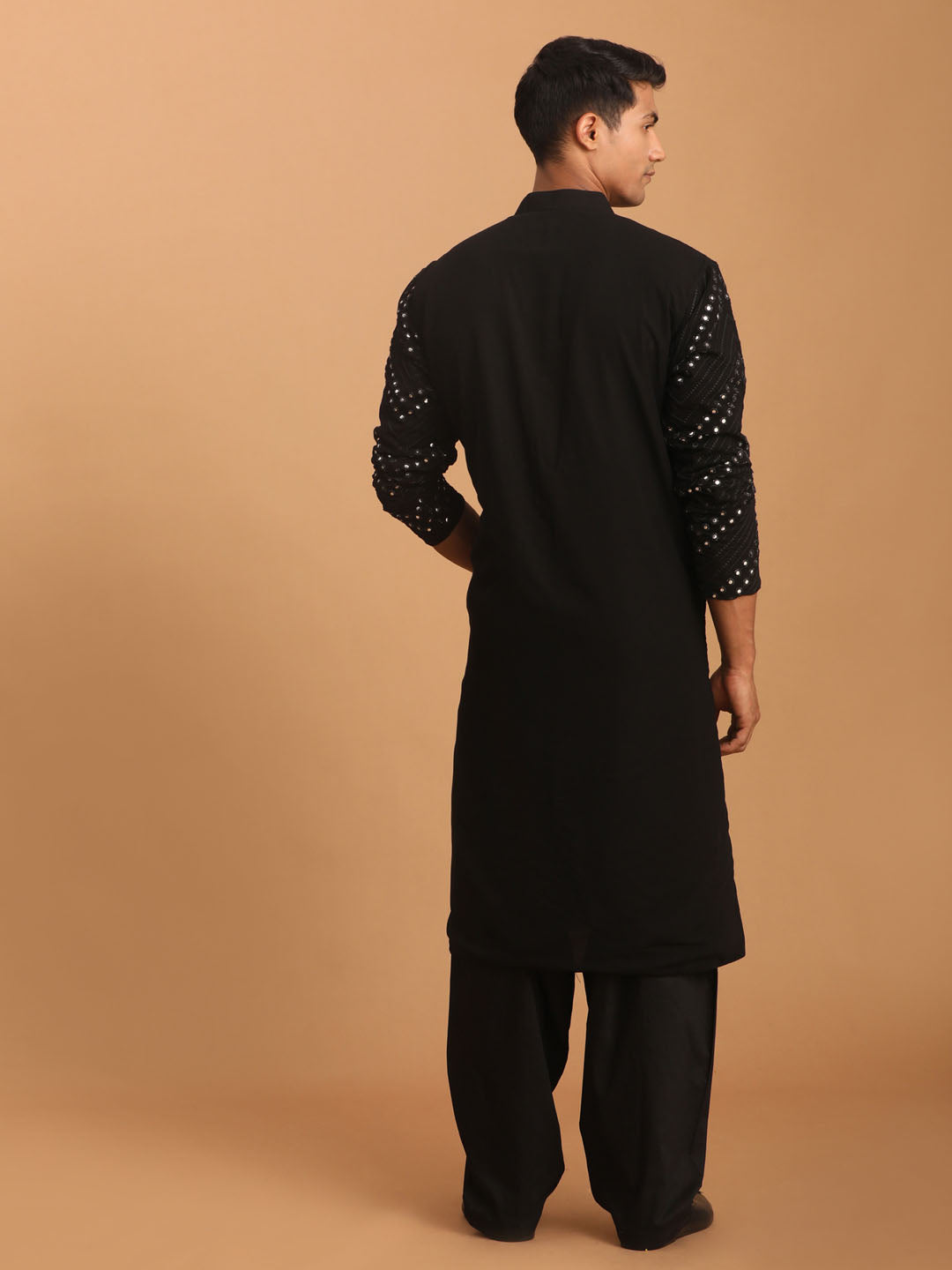 Vastramay Men's Black Mirror Kurta With Patiala Set