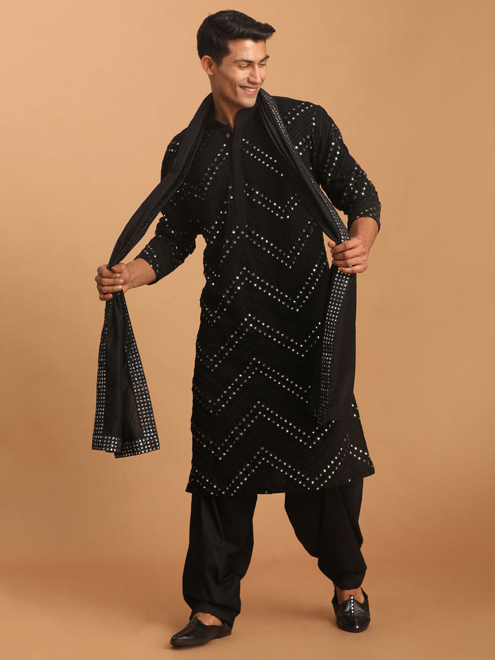 Vastramay Men's Black Mirror Kurta Patiala And Dupatta Set