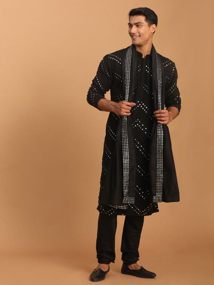 Vastramay Men's Black Mirror Kurta Pyjama And Dupatta Set