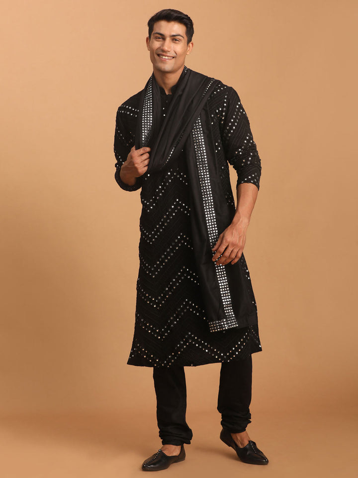 Vastramay Men's Black Mirror Kurta Pyjama And Dupatta Set