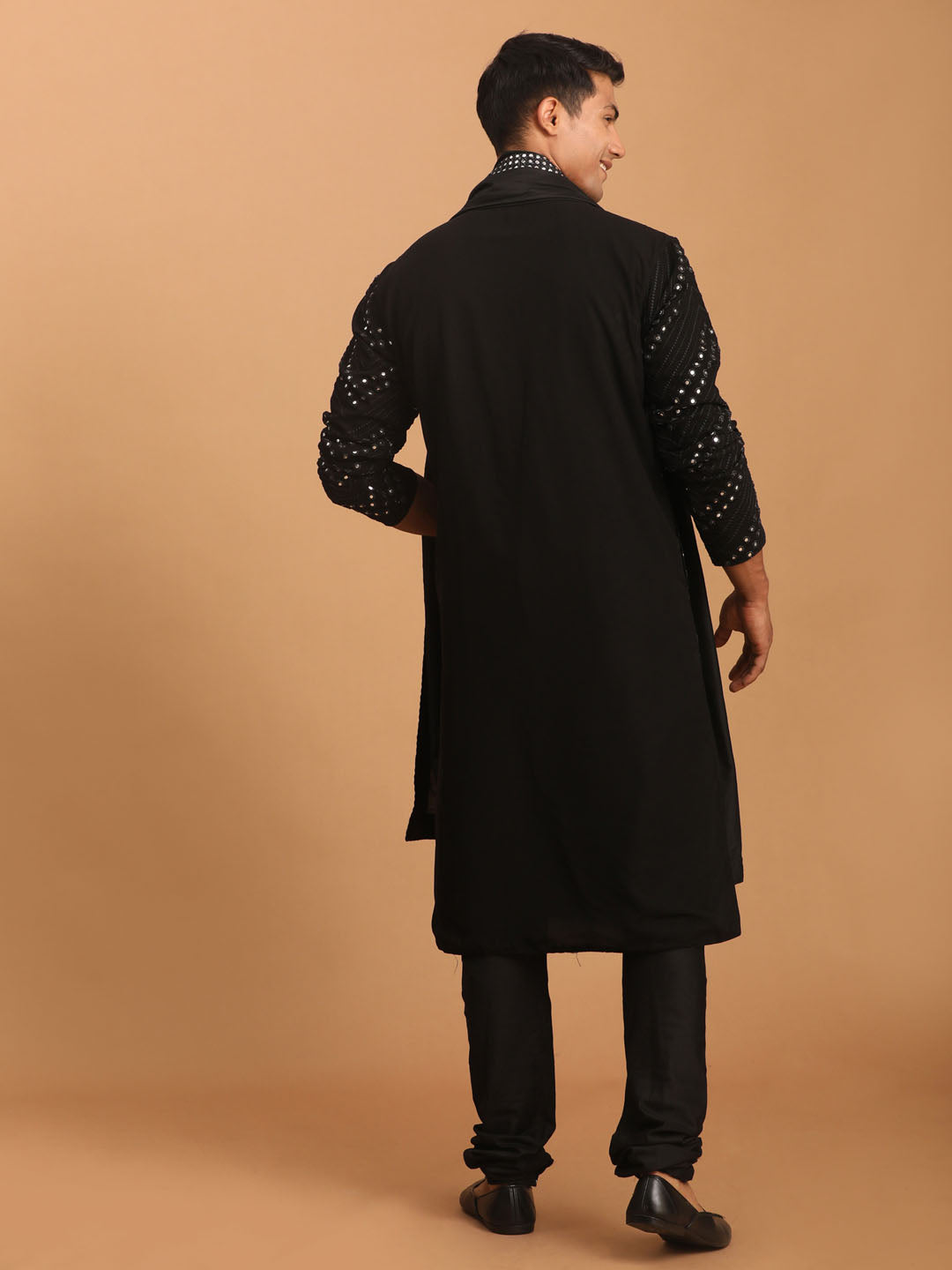 Vastramay Men's Black Mirror Kurta Pyjama And Dupatta Set