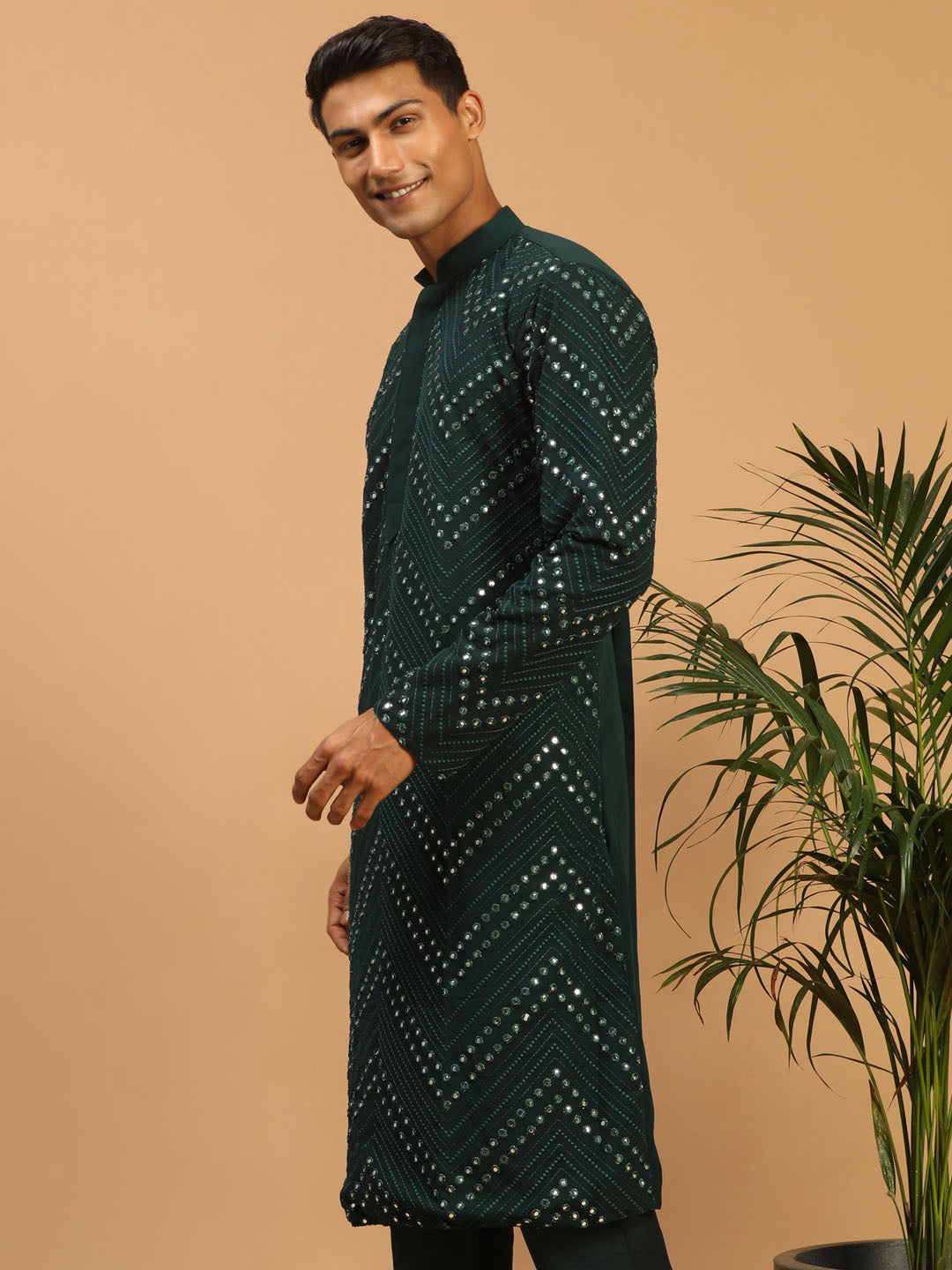 SHRESTHA By VASTRAMAY Men's Green Mirror Kurta