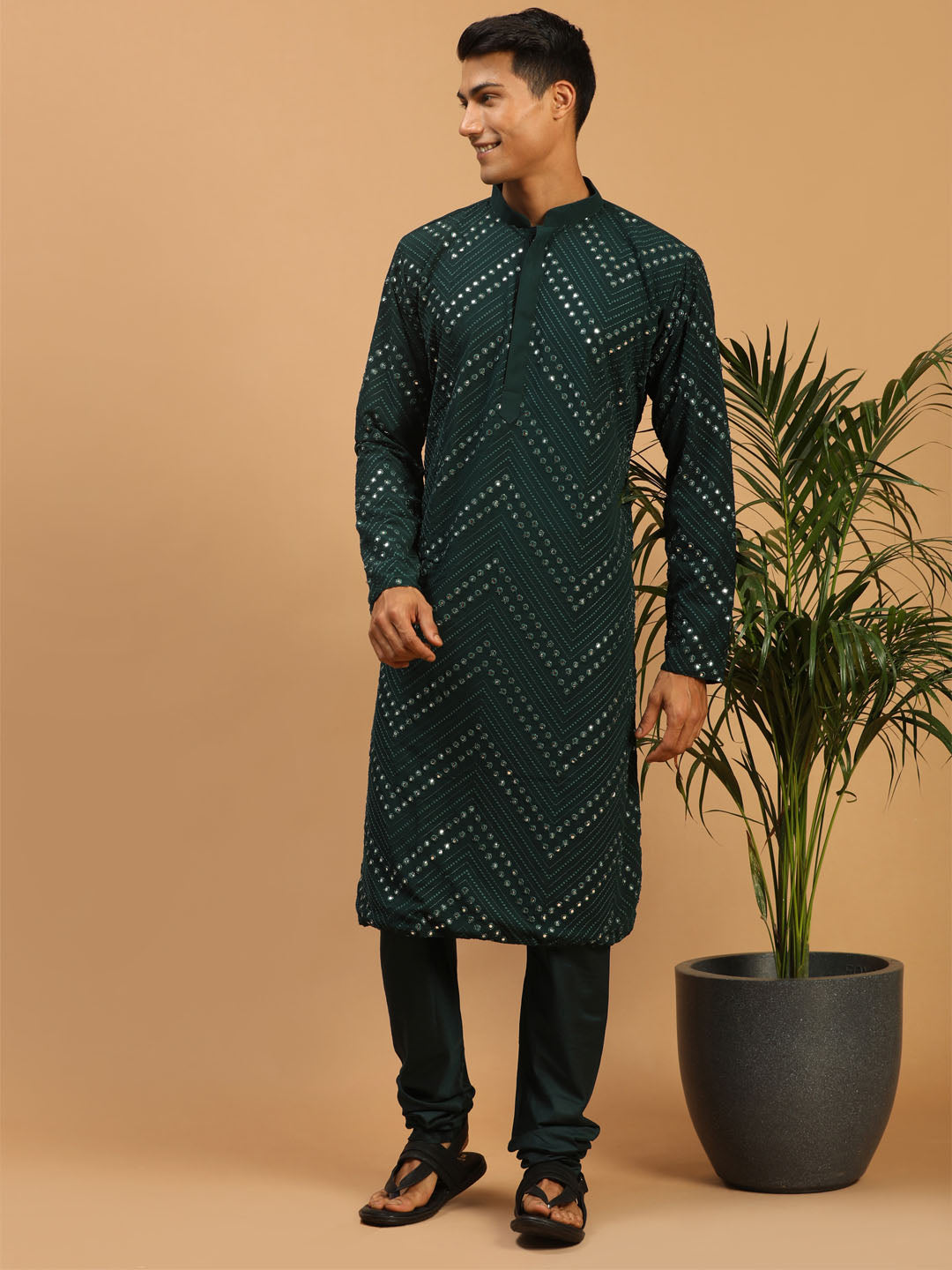 SHRESTHA By VASTRAMAY Men's Green Mirror Kurta