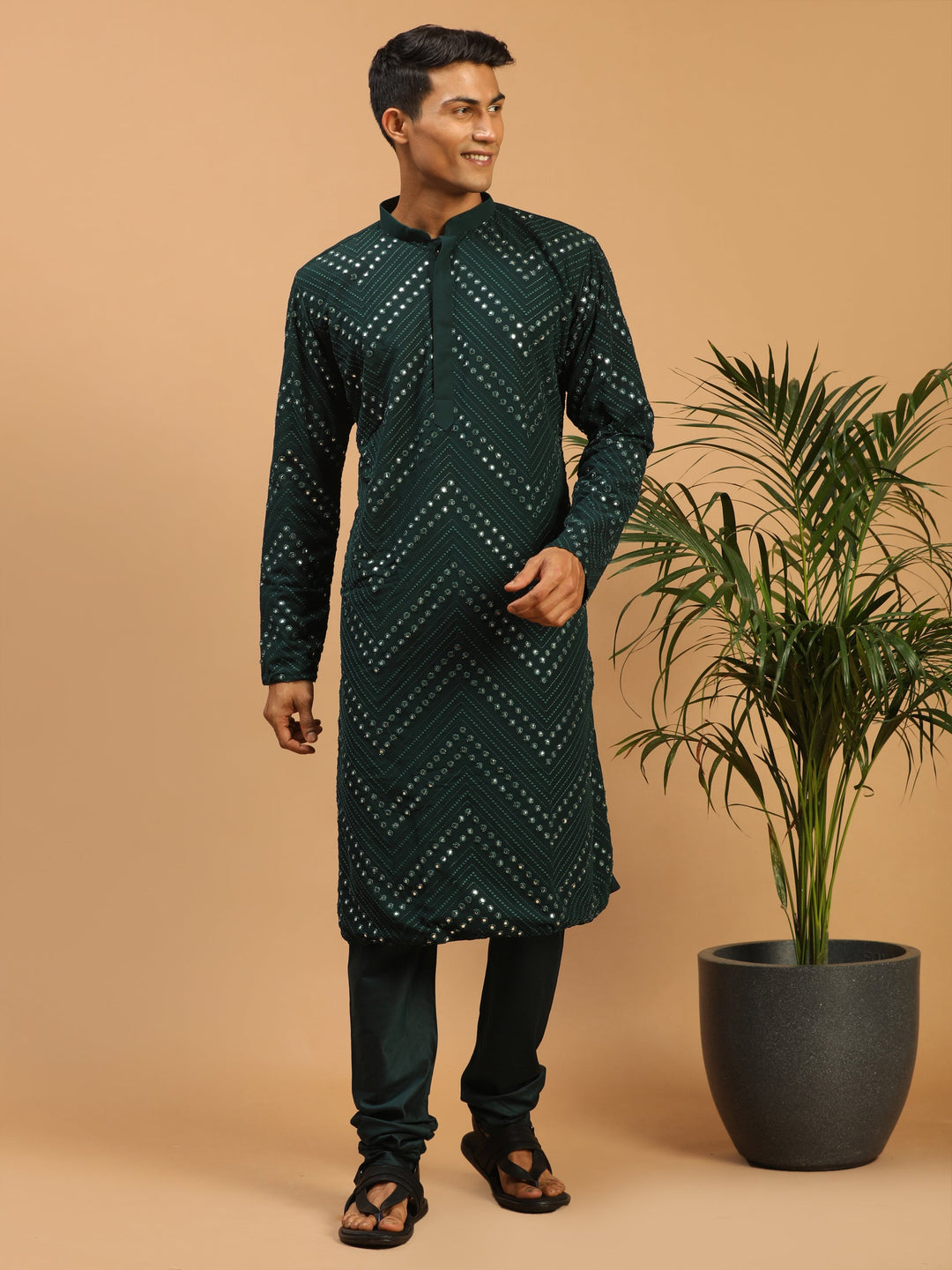 Vastramay Men's Green Mirror Kurta Pyjama Set