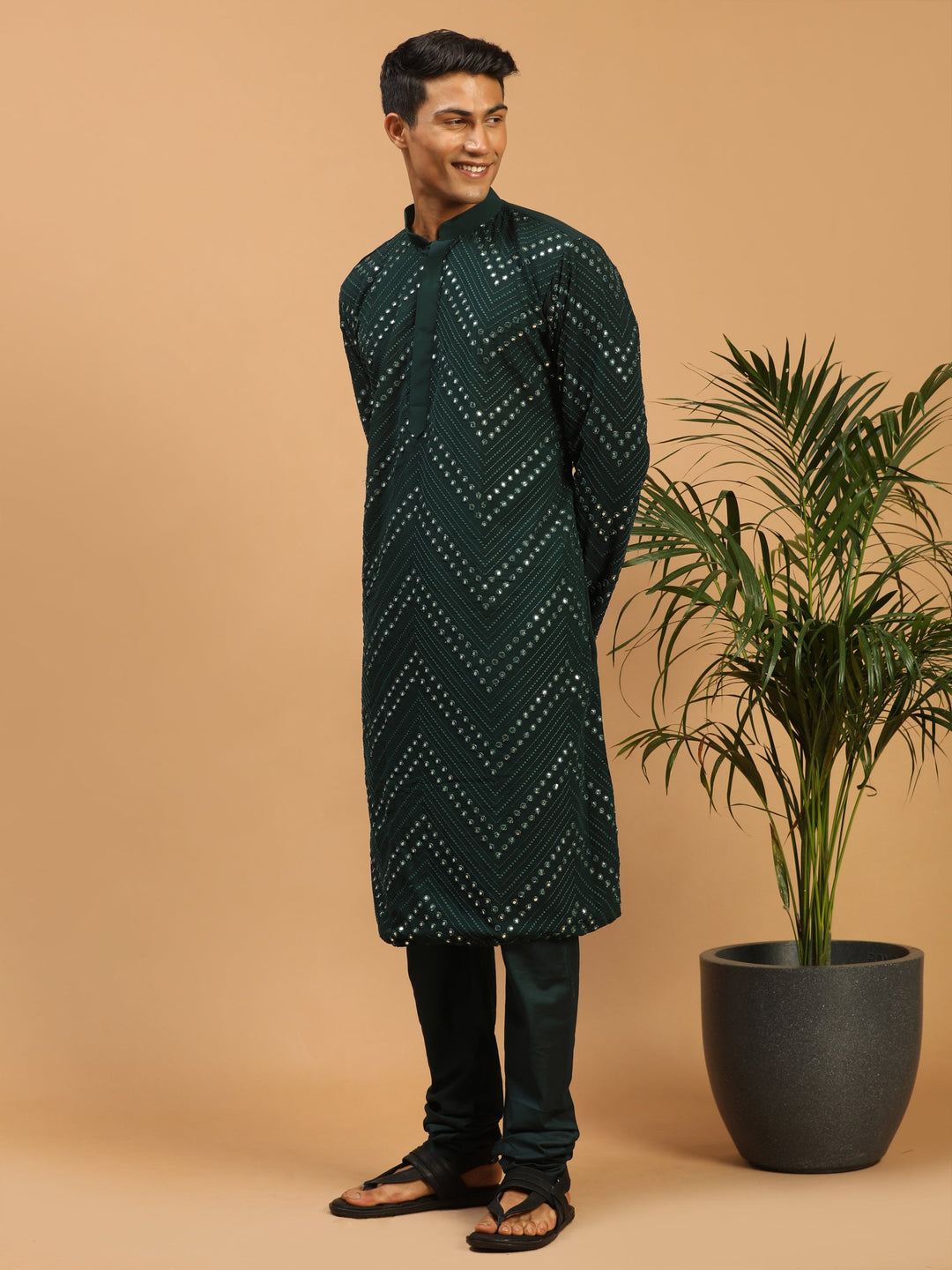 Vastramay Men's Green Mirror Kurta Pyjama Set