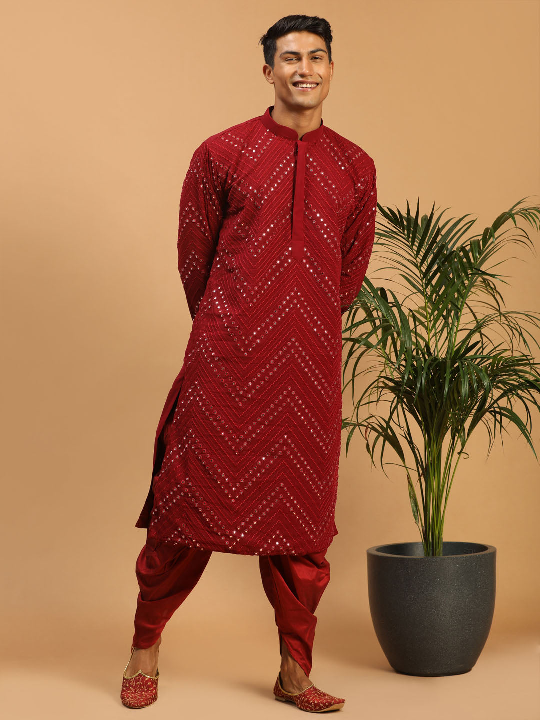 Vastramay Men's Maroon Mirror Kurta Dhoti Set