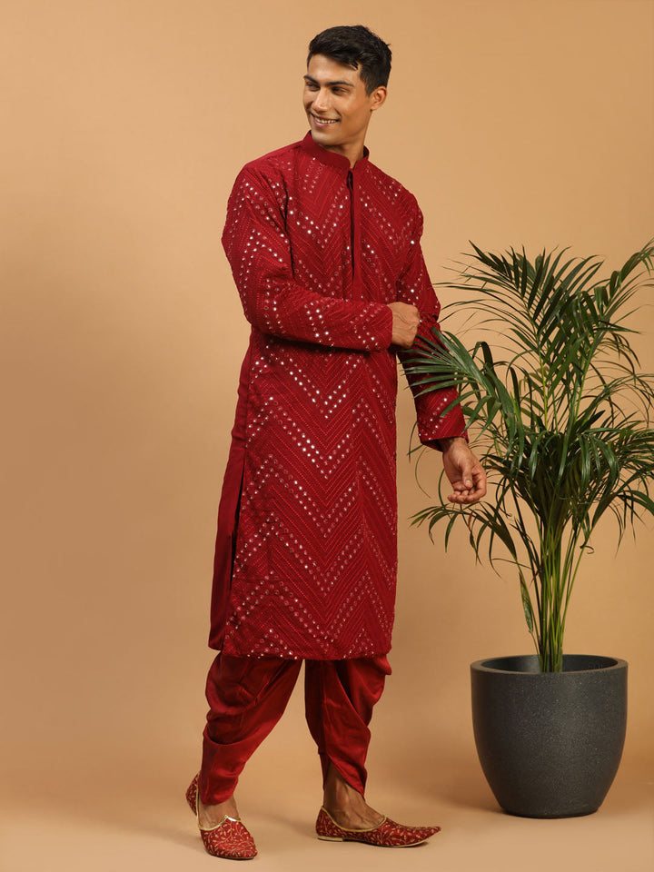 Vastramay Men's Maroon Mirror Kurta Dhoti Set