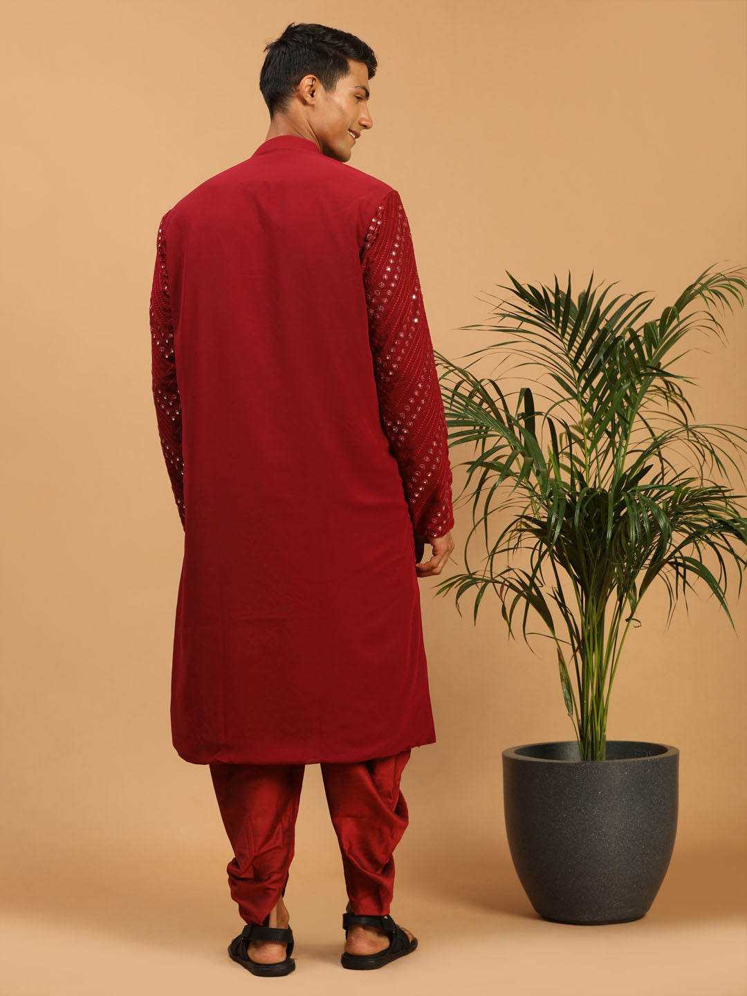 Vastramay Men's Maroon Mirror Kurta Dhoti Set