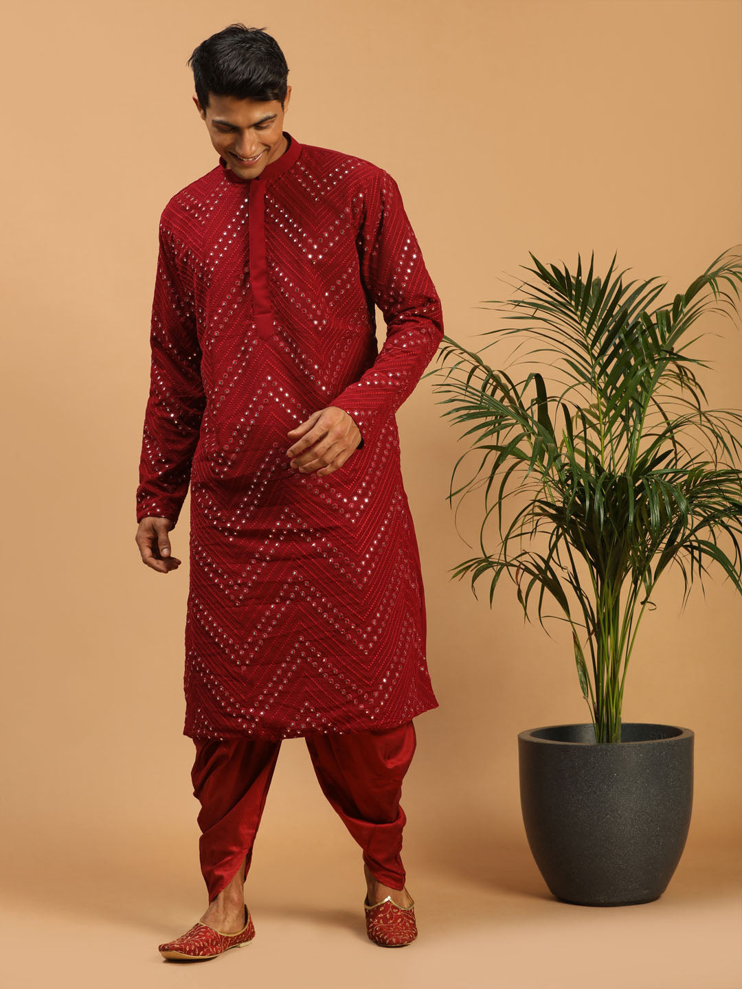 Vastramay Men's Maroon Mirror Kurta Dhoti Set