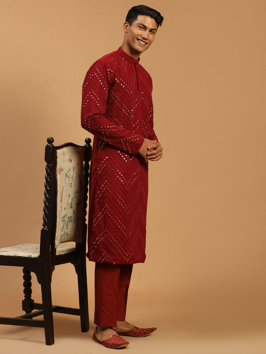 Vastramay Men's Maroon Mirror Kurta pant Set