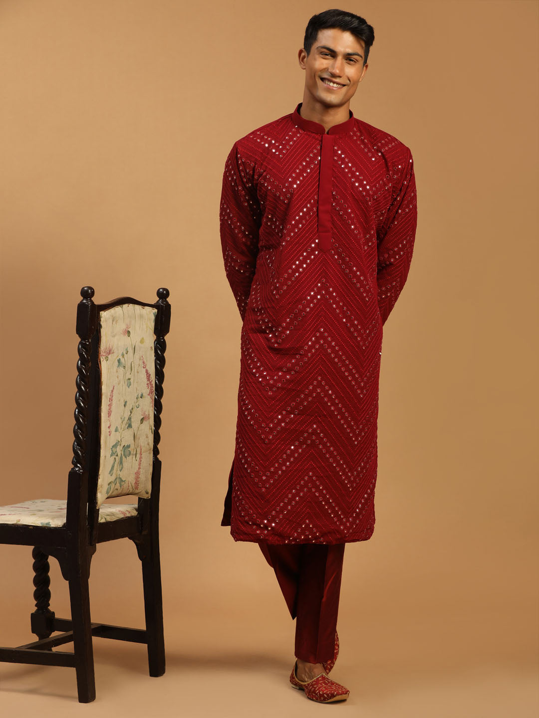 Vastramay Men's Maroon Mirror Kurta pant Set