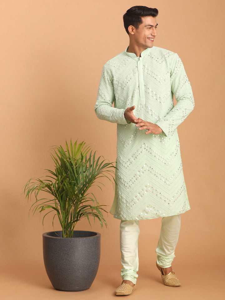 Vastramay Men's Mint Green Mirror Kurta Pyjama Set