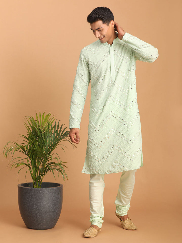 Vastramay Men's Mint Green Mirror Kurta Pyjama Set