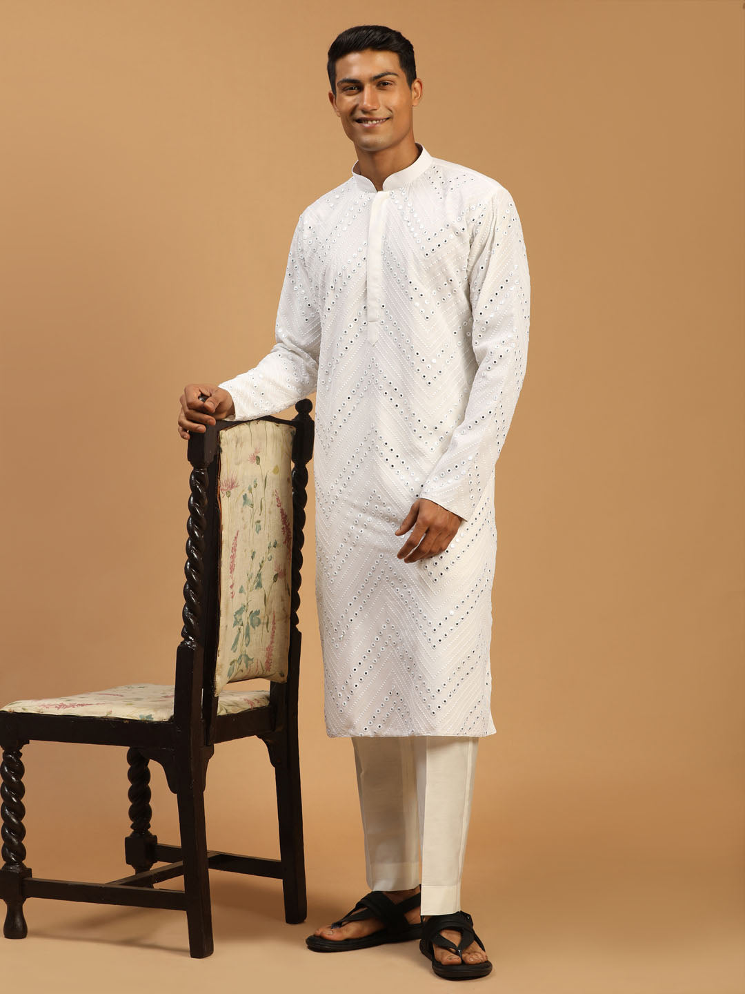 SHRESTHA By VASTRAMAY Men's White Mirror Kurta