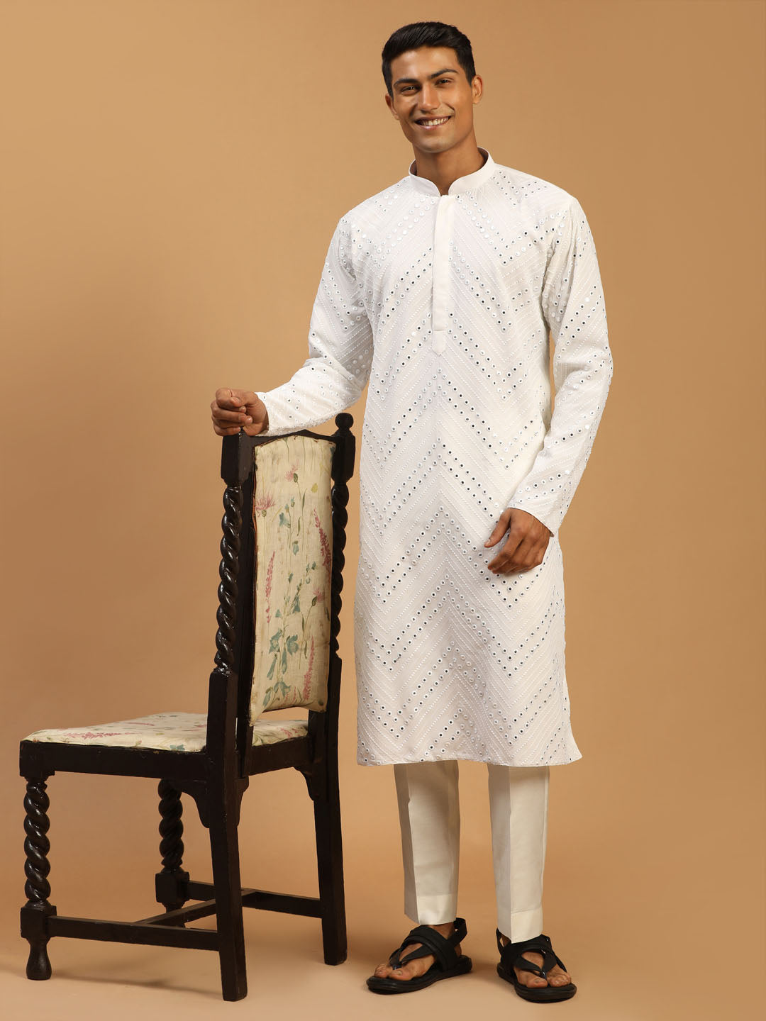 Vastramay Men's White Mirror Kurta Pant Set