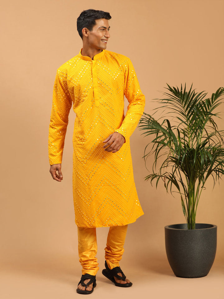 Vastramay Men's Yellow Mirror Kurta Pyjama Set