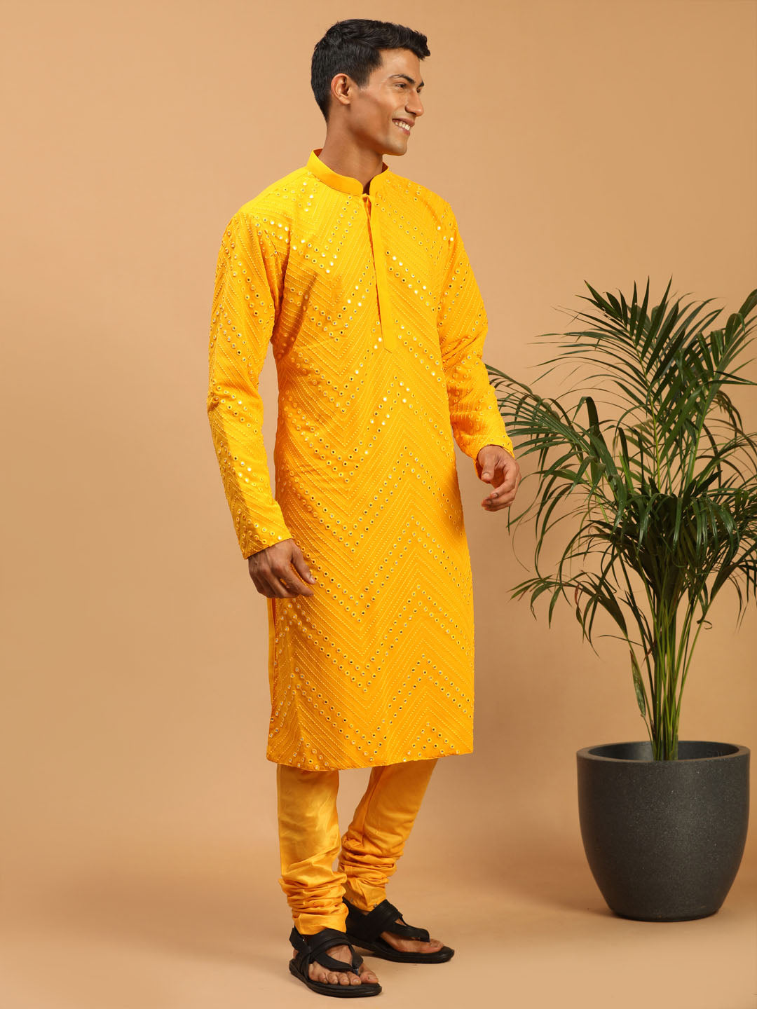 Vastramay Men's Yellow Mirror Kurta Pyjama Set