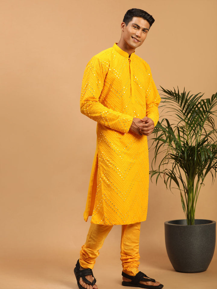 Vastramay Men's Yellow Mirror Kurta Pyjama Set