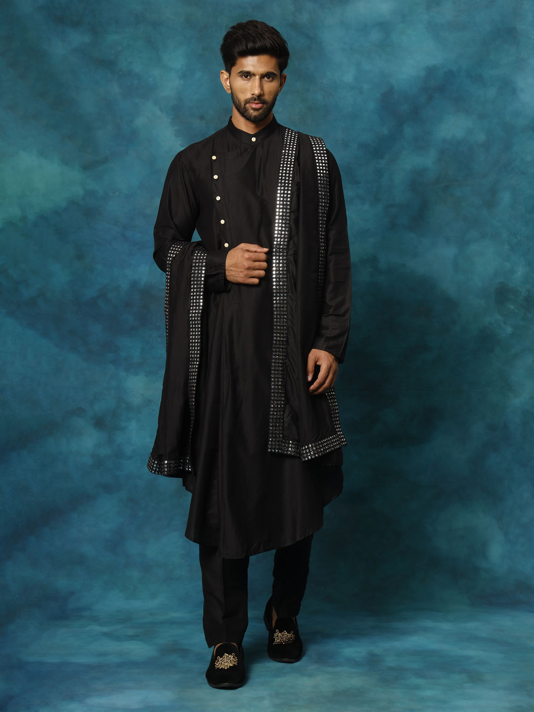 Vastramay Men's Black Pleated Kurta Pant With Dupatta Set