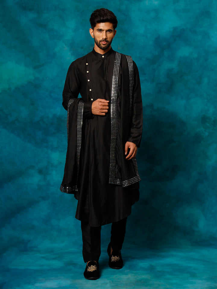 Vastramay Men's Black Pleated Kurta Pant With Dupatta Set