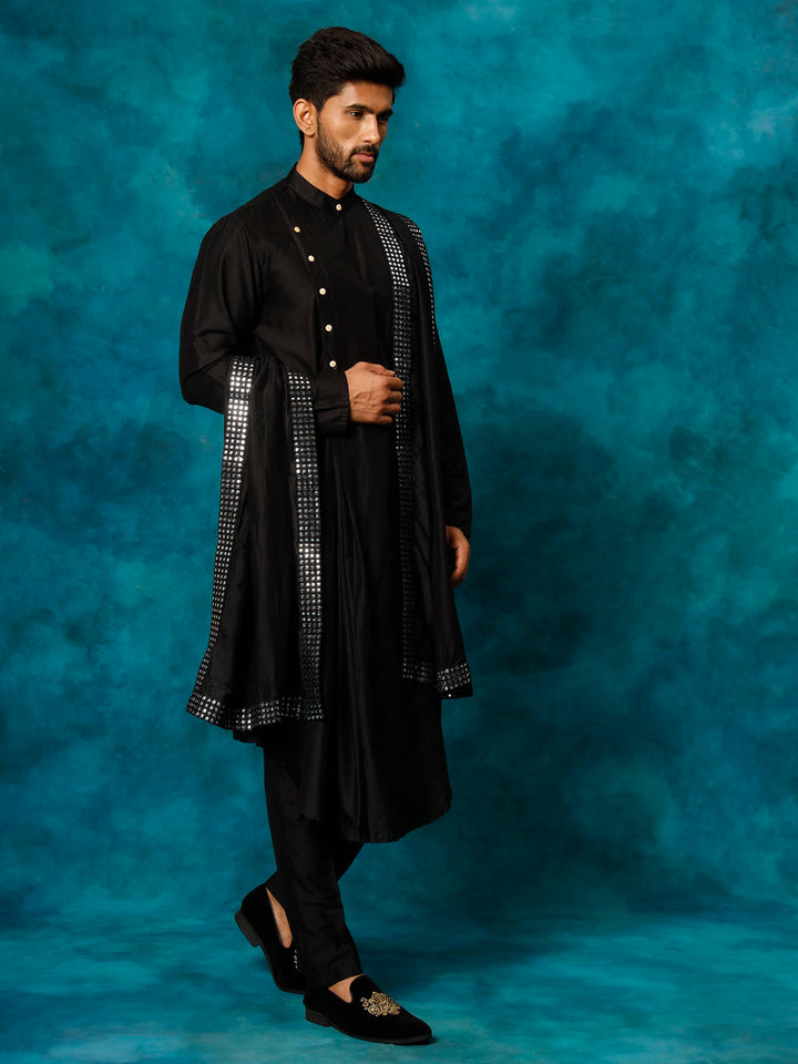 Vastramay Men's Black Pleated Kurta Pant With Dupatta Set