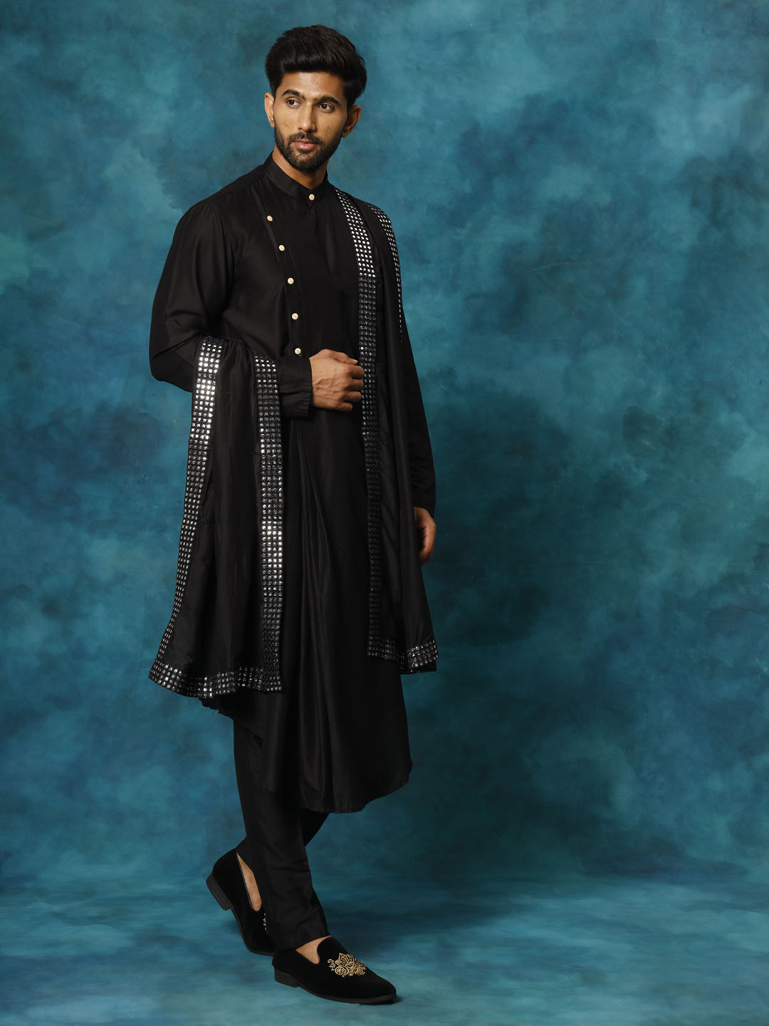 Vastramay Men's Black Pleated Kurta Pant With Dupatta Set