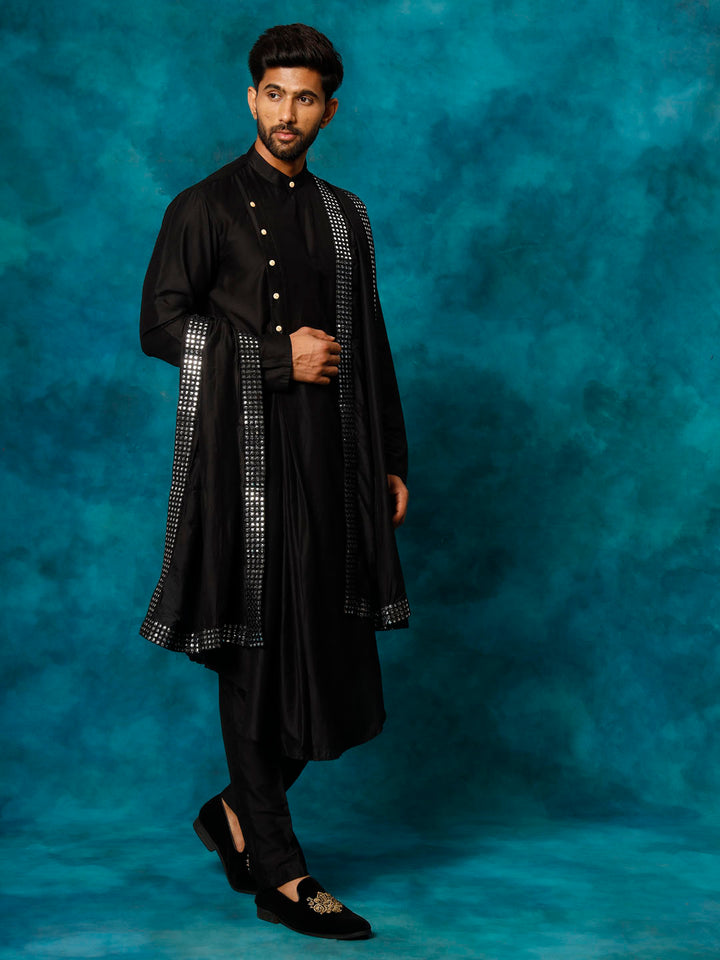 Vastramay Men's Black Pleated Kurta Pant With Dupatta Set