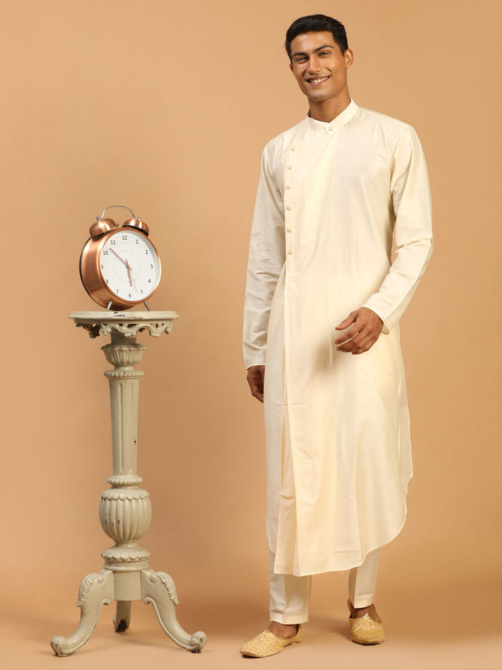 Vastramay Men's Cream Pleated Kurta With Cream Pant Style Pyjama Set