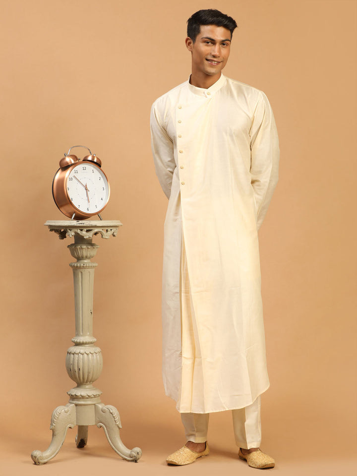 Vastramay Men's Cream Pleated Kurta With Cream Pant Style Pyjama Set