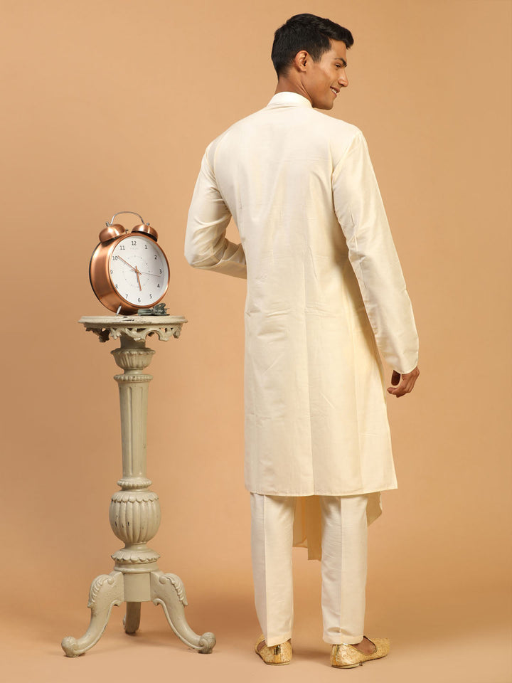 Vastramay Men's Cream Pleated Kurta With Cream Pant Style Pyjama Set