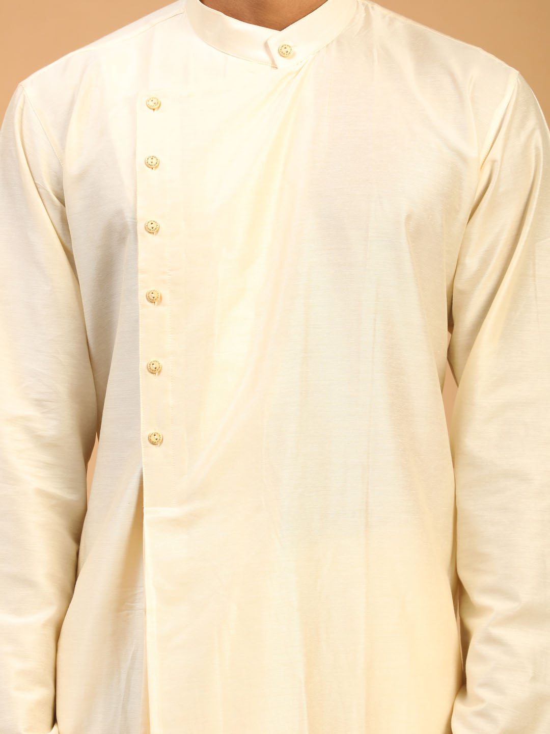 Vastramay Men's Cream Pleated Kurta With Cream Pant Style Pyjama Set