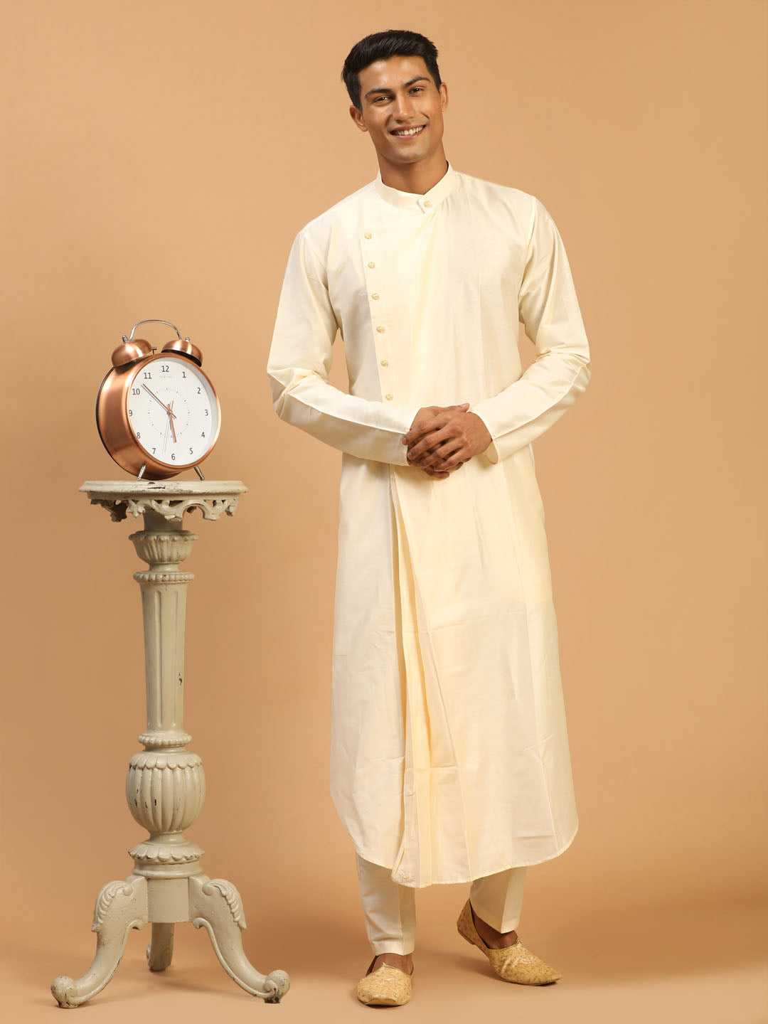 Vastramay Men's Cream Pleated Kurta With Cream Pant Style Pyjama Set