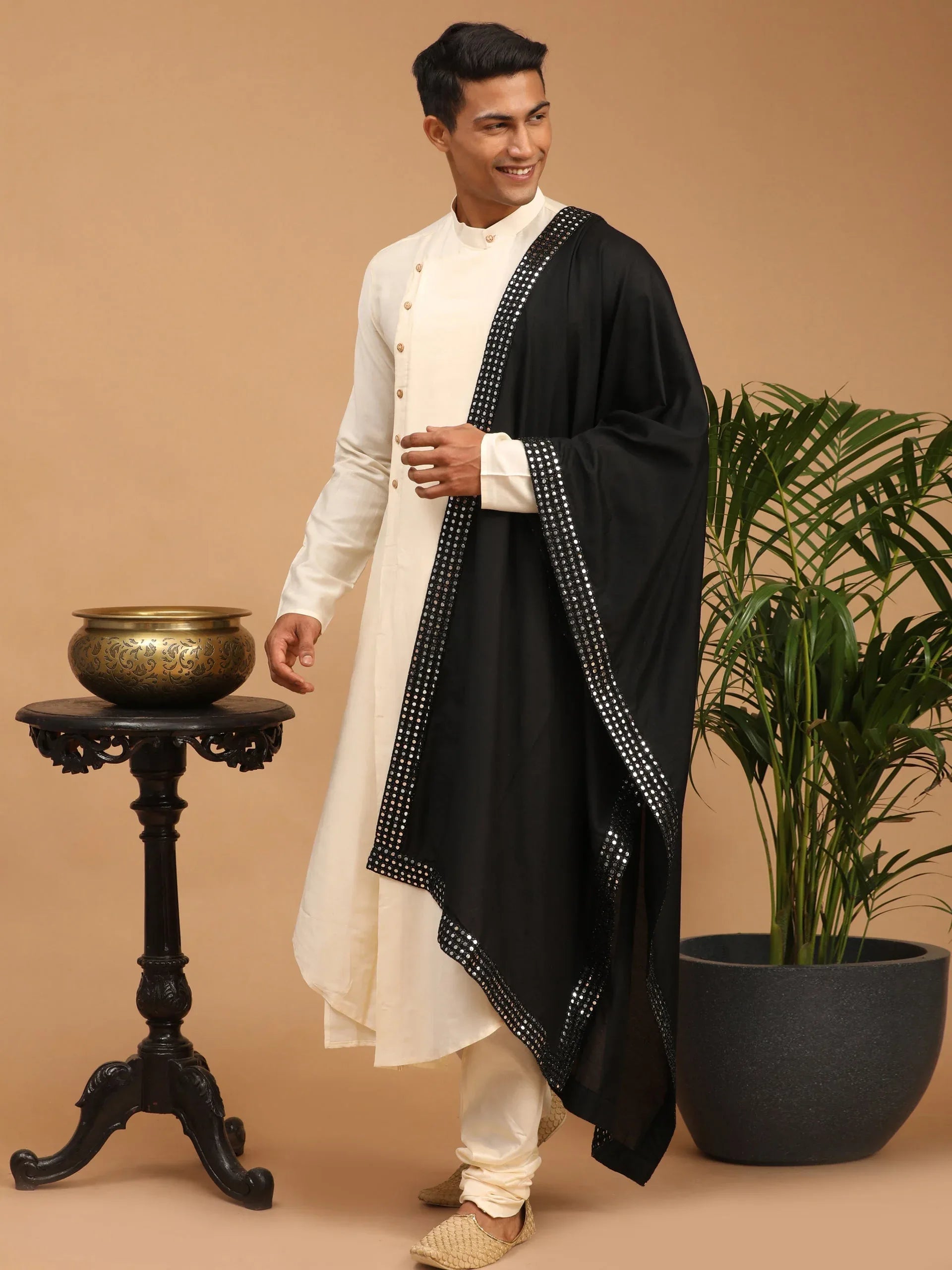 Men's Cream Pleated Kurta And Churidar Set With Black Mirror Dupatta