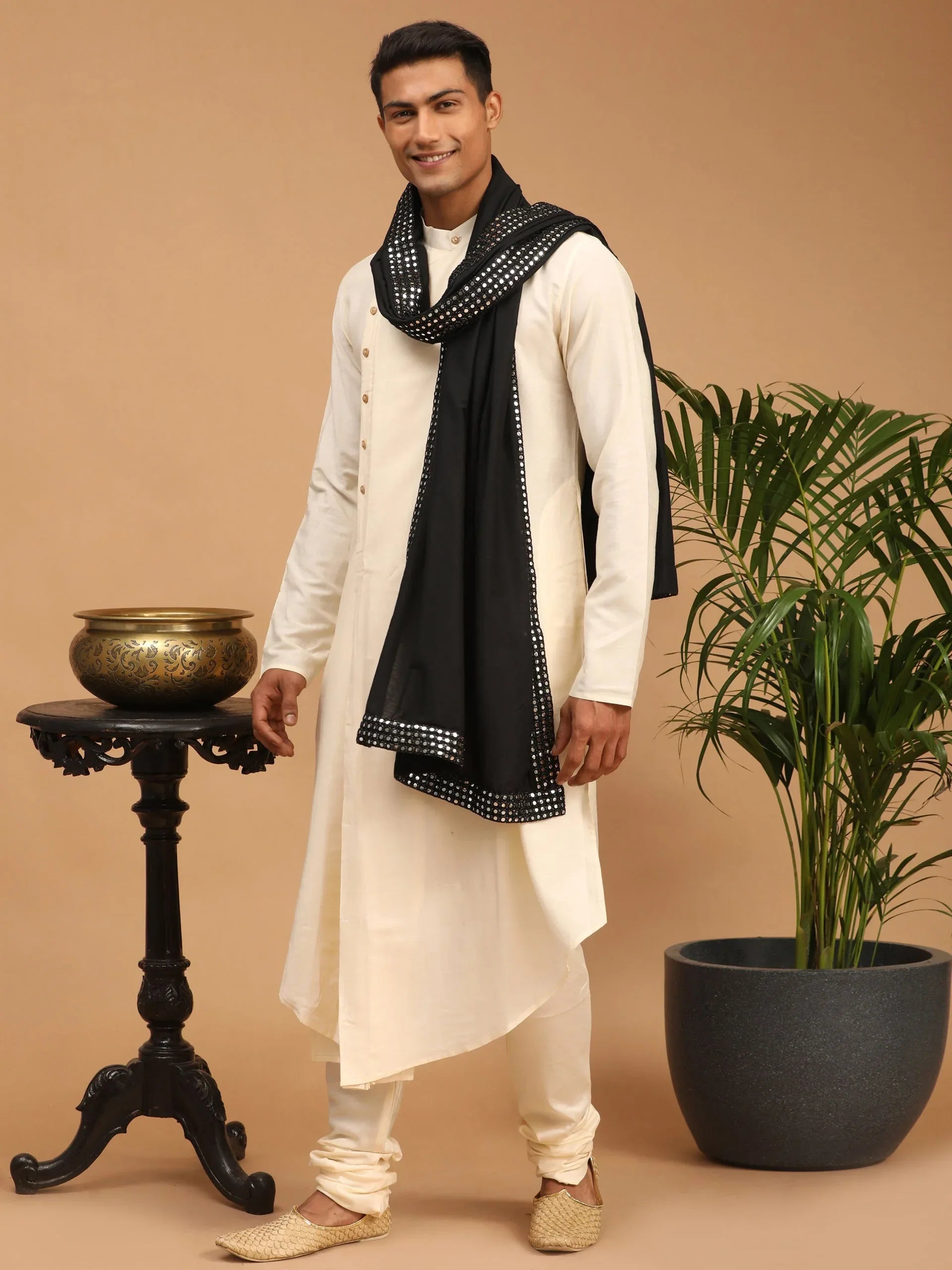Men's Cream Pleated Kurta And Churidar Set With Black Mirror Dupatta