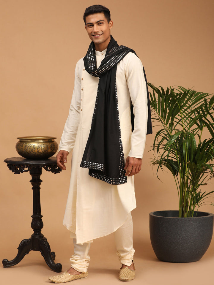 Vastramay Men's Cream Pleated Kurta And Churidar Set With Black Mirror Dupatta